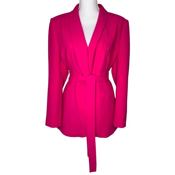 Zara Neon Fuchsia Hot Pink Tuxedo Collar Blazer Single Button Tie Waist Belted - Picture 5 of 11